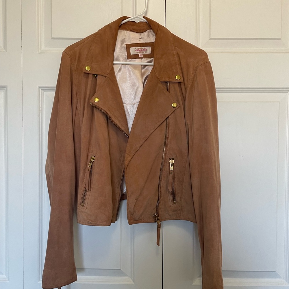 GatsbyLady London 100% Lamb Leather Cropped Moto Jacket Tan and Gold Hardware